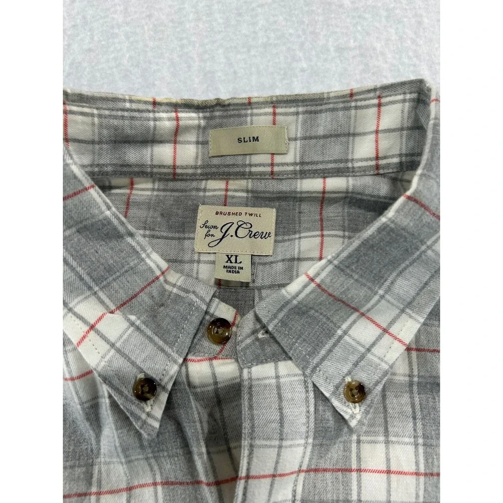 J. Crew Slim Brushed Twill Plaid Button Down Shirt Grey Red XL Mens Long Sleeve